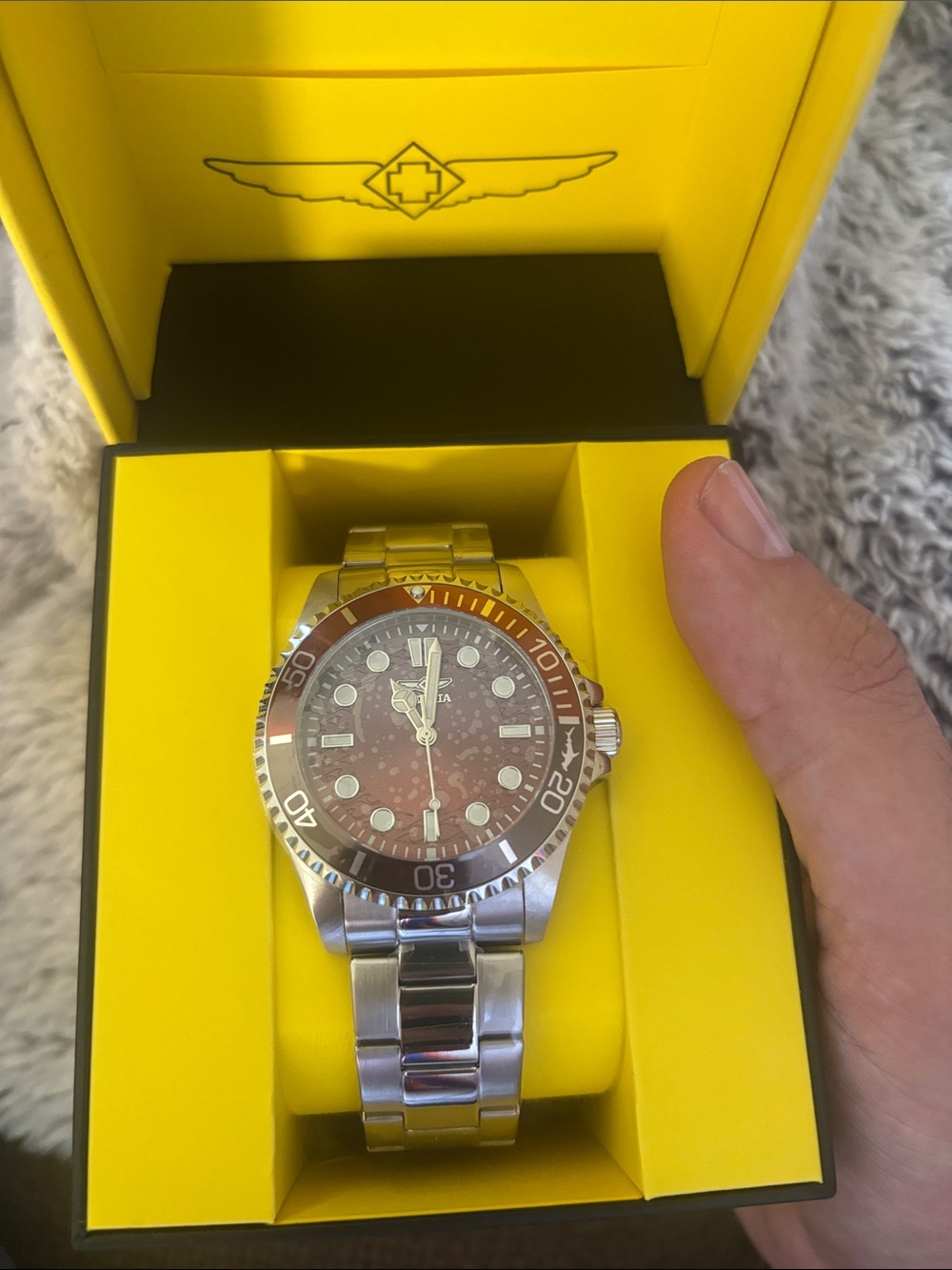 Invicta Men's Stainless Steel Watch with Brown Dial and Red-Brown Bezel